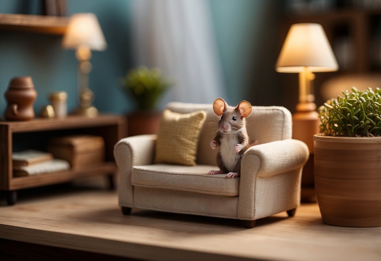 A cozy mouse-sized living room with tiny furniture and decor, featuring a miniature sofa, coffee table, and bookshelf, all perfectly suited for Maileg mice