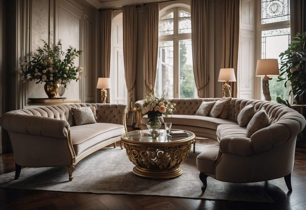 A modern living room with ornate Victorian furniture, featuring intricate carvings and luxurious upholstery, blending seamlessly with contemporary decor