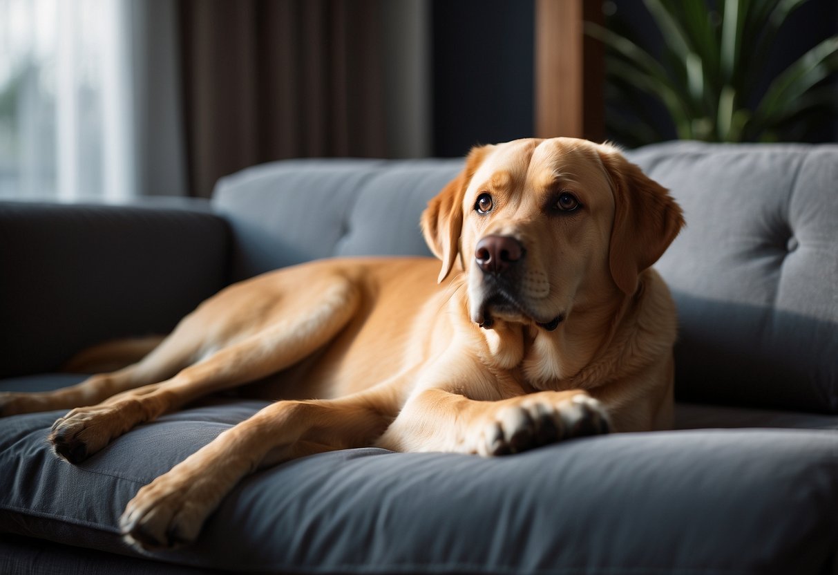 A labrador lounges on living furniture in the Frequently Asked Questions star living lab