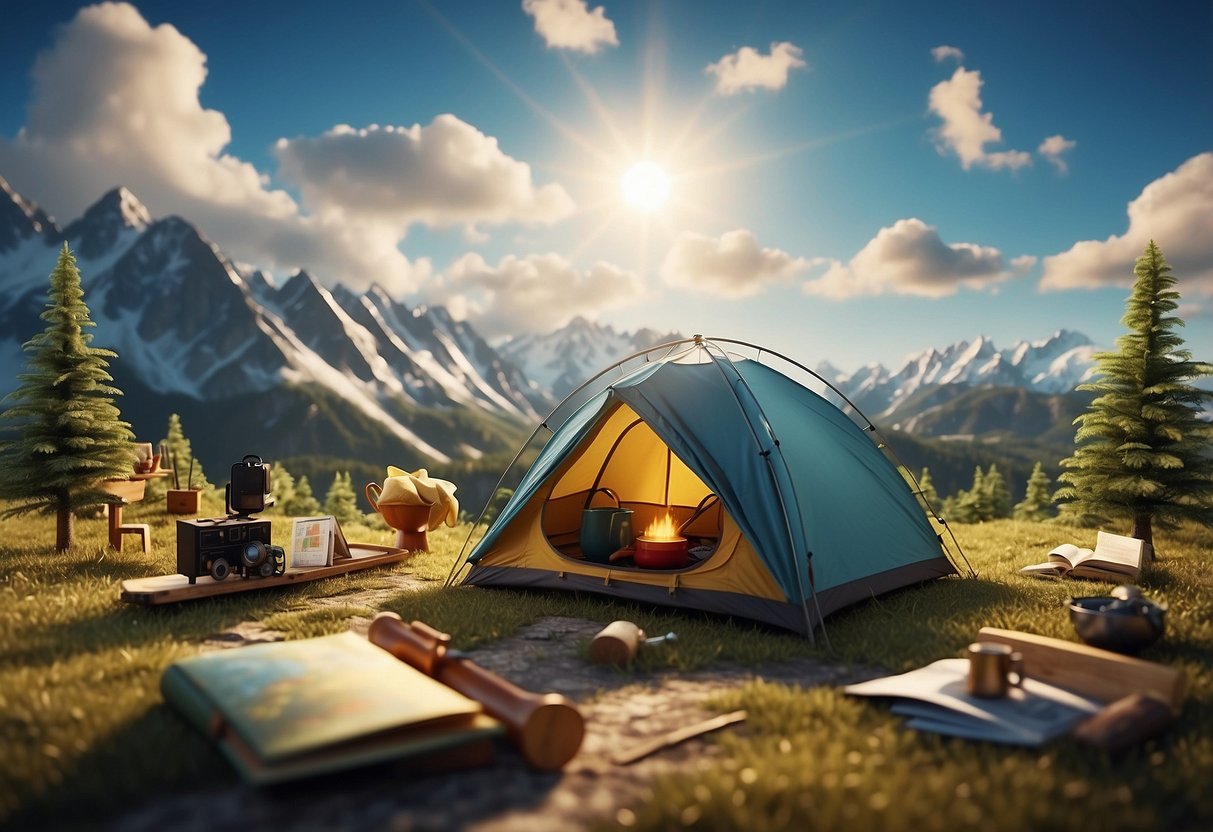 Illustrator recreates a campsite with a tent, map, compass, and weather tools. Clouds, sun, and wind are shown in the sky