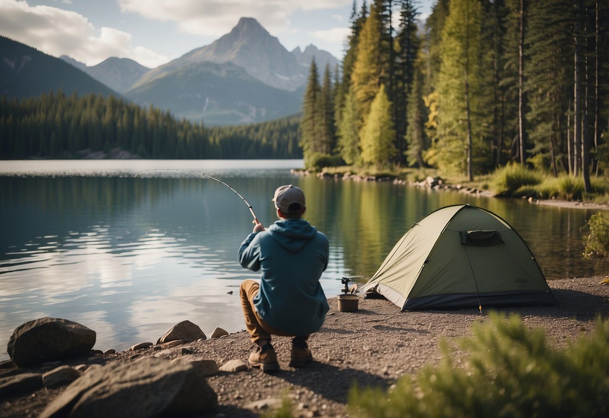 A person skillfully casts a fishing line into a tranquil lake surrounded by trees and mountains, with a camping tent in the background