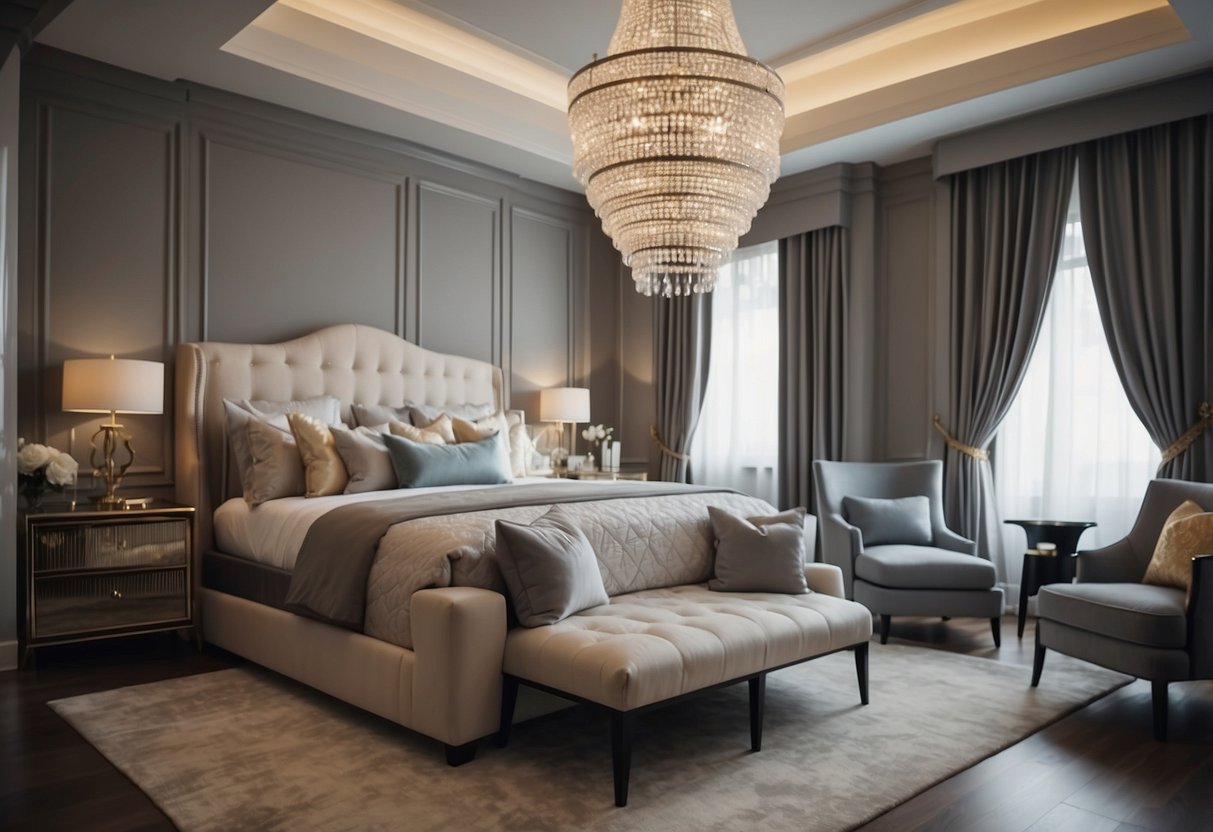 The luxury master bedroom is adorned with a king-sized bed, elegant nightstands, a plush armchair, and a grand chandelier