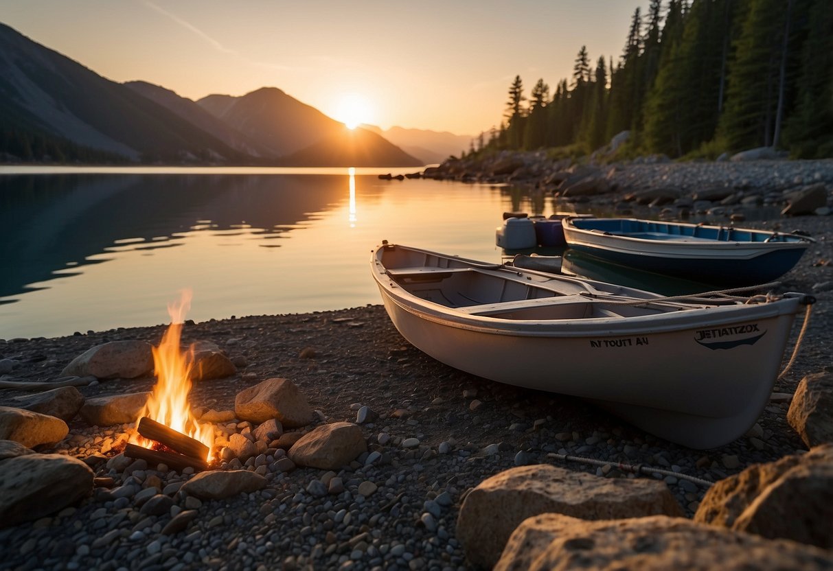 A boat anchored in a calm, secluded cove. A campfire crackles on the shore, while a tent is set up on the deck. Fishing rods lean against the railing, and a cooler sits nearby. The sun sets behind the distant mountains