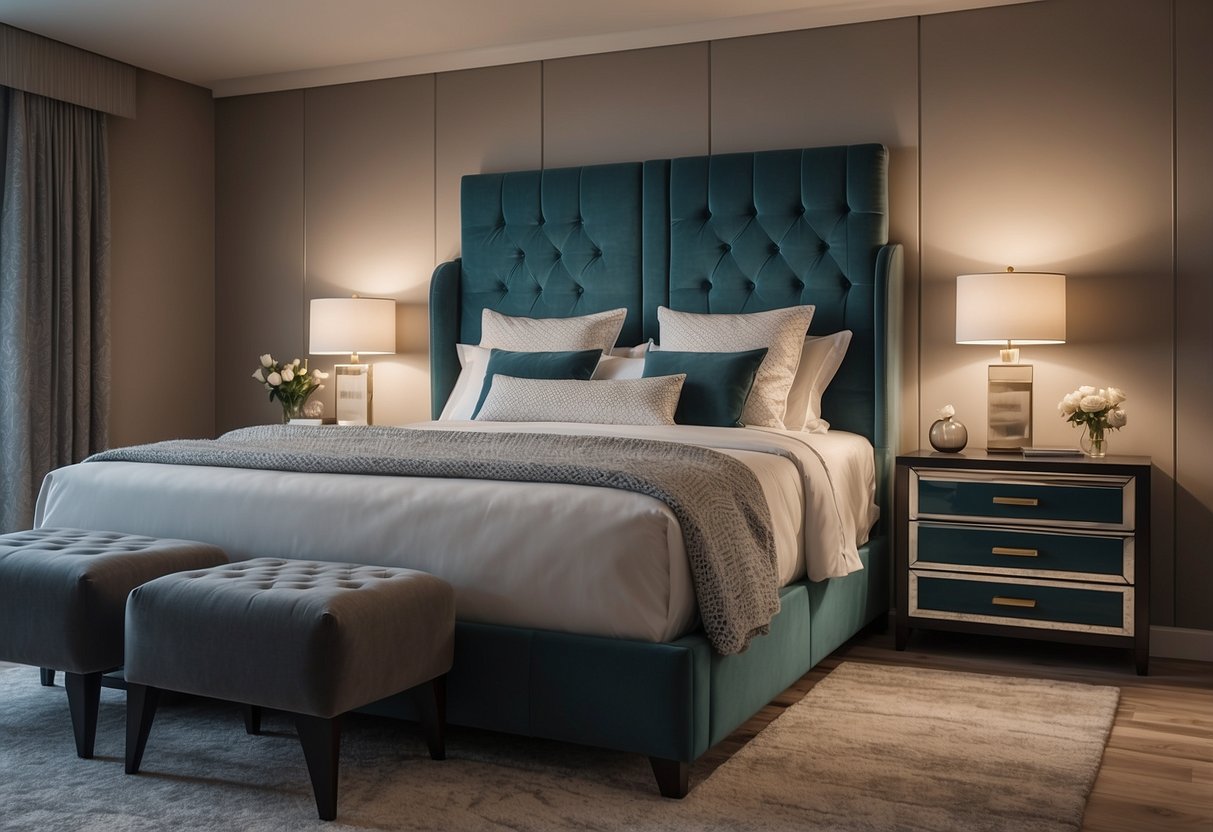 A king-sized bed with a plush headboard, a sleek dresser with a large mirror, and a pair of elegant nightstands with matching lamps