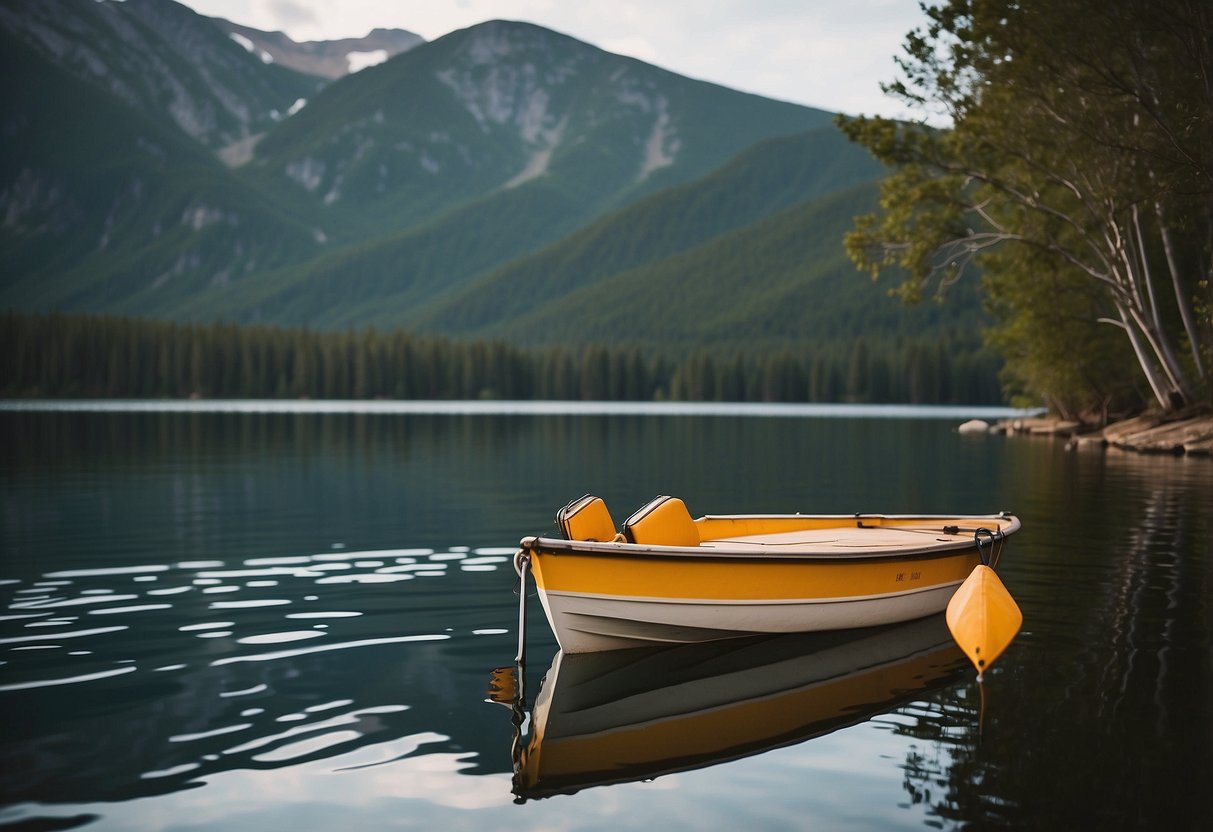 A sturdy, roomy boat floats calmly on the water, surrounded by a peaceful, natural setting. The boat is equipped with camping gear, ready for a relaxing outdoor adventure