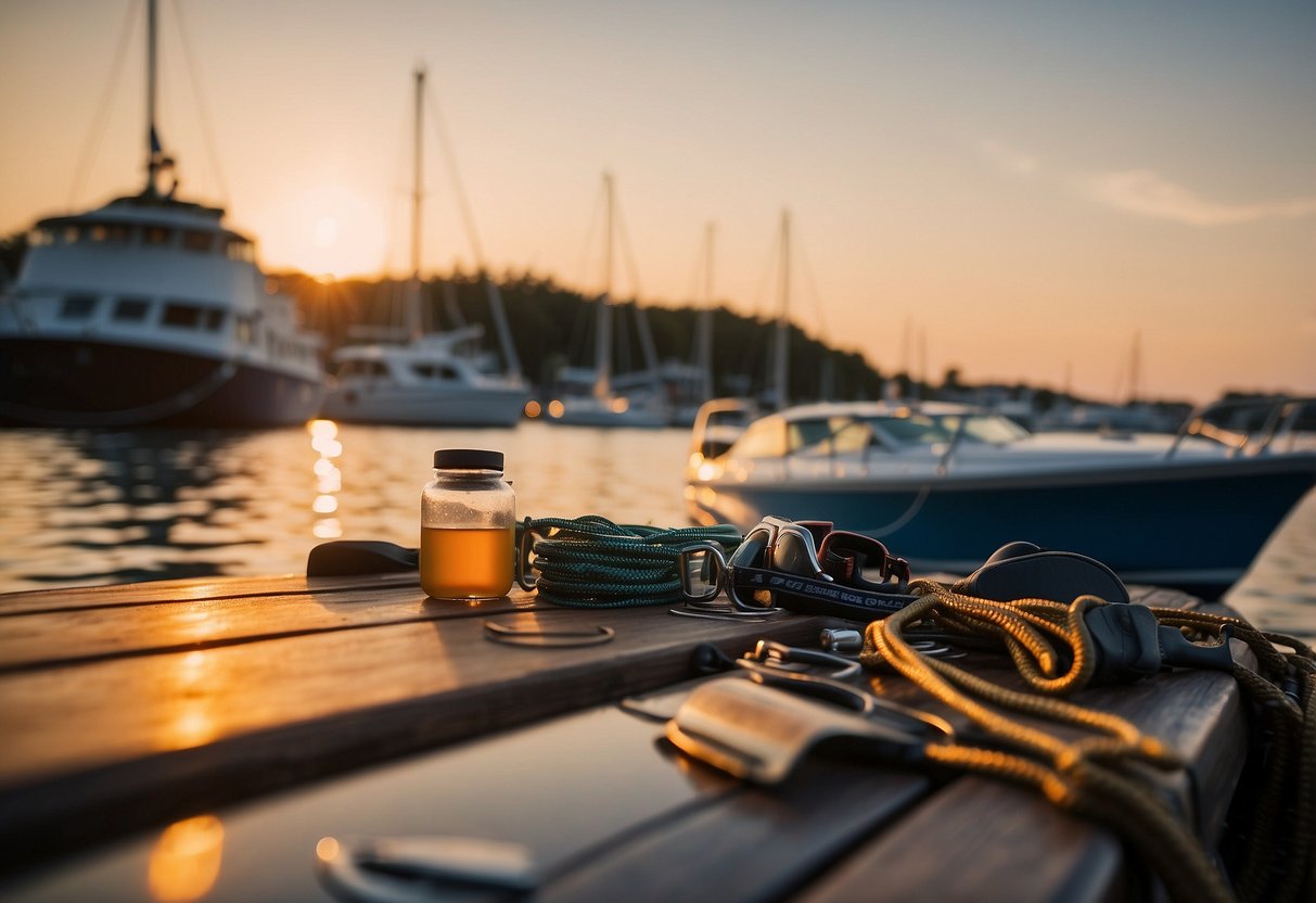 A boat anchored in calm waters, with camping gear neatly organized on deck. The sun is setting, casting a warm glow on the scene