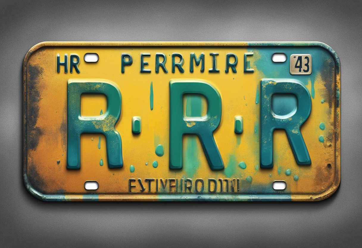 An overhead view of the car license plate 'HR' with oil smudges