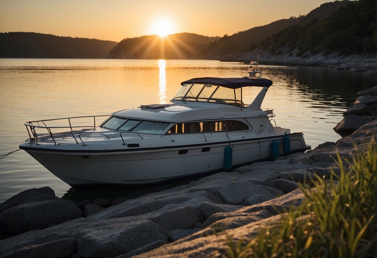 A boat anchored near a serene shoreline, with a water filtration system and storage containers visible on deck. The sun setting in the background