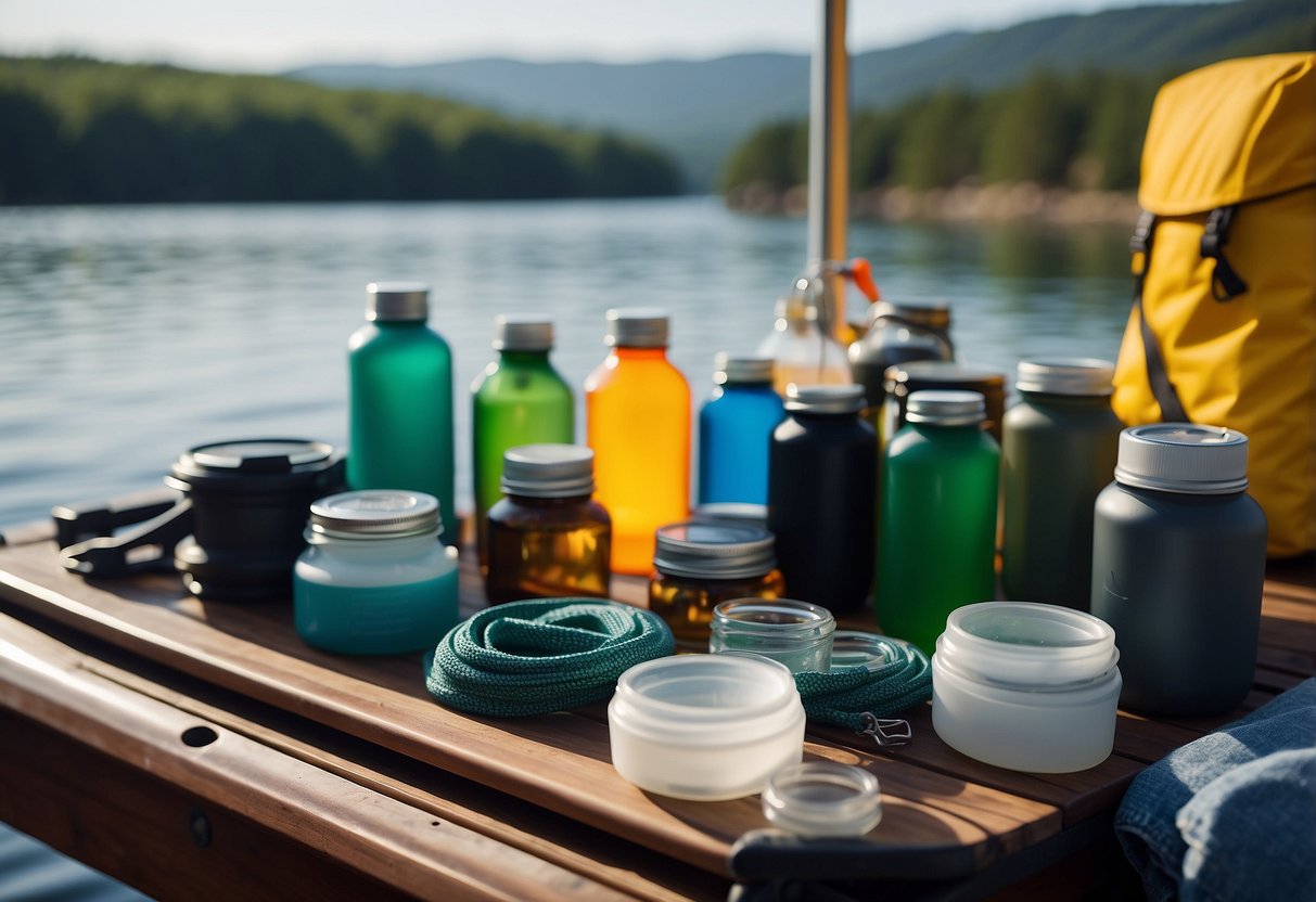 Camping gear and supplies made from biodegradable materials are neatly organized on a boat deck, with the serene water and a clear sky in the background