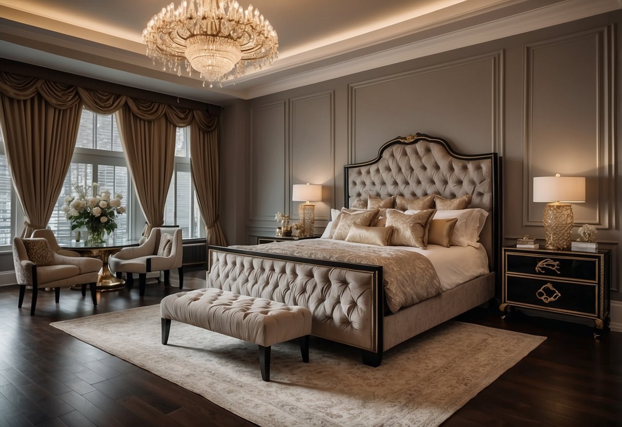 A grand, opulent master bedroom with ornate furniture, intricate detailing, and luxurious decor. Rich fabrics, elegant finishes, and lavish accents adorn the space