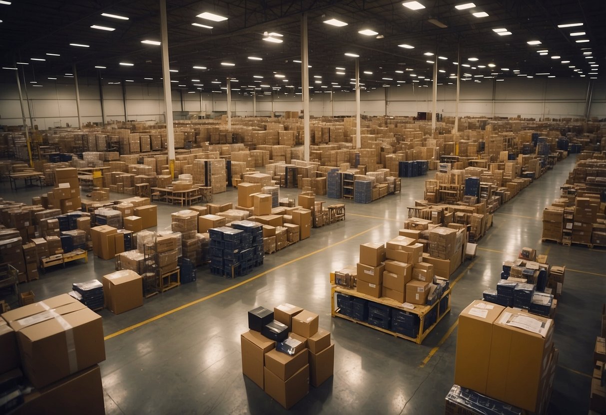 A bustling warehouse with stacks of discounted furniture, bright sale signs, and excited customers browsing the wide selection