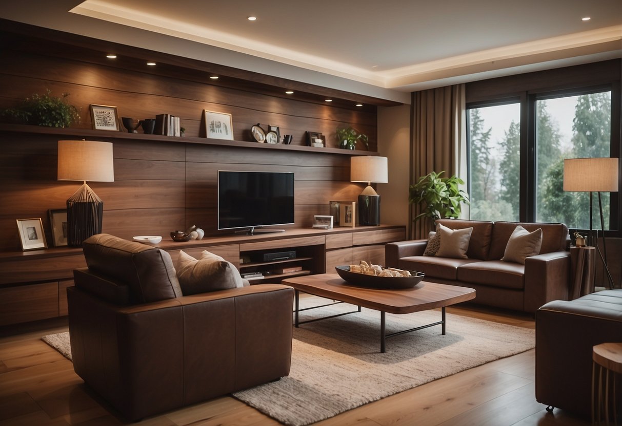A room with walnut veneer furniture, warm lighting, and a cozy atmosphere