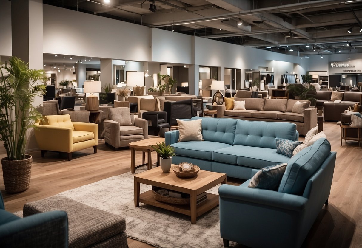 Customers flock to a spacious showroom filled with discounted, high-quality furniture. Bright banners advertise the fantastic clearance deals, drawing in eager shoppers