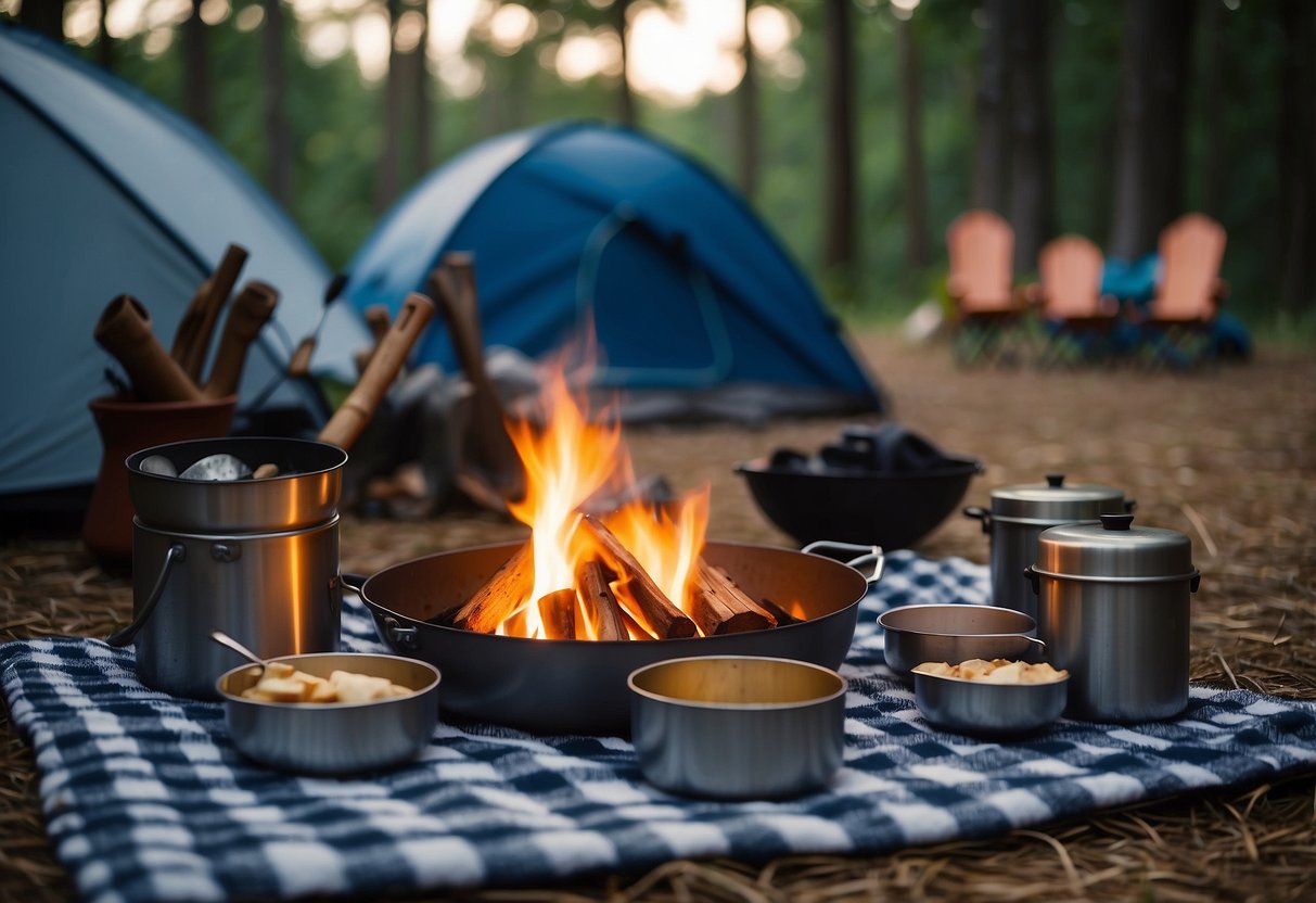 A campsite with a cozy fire, surrounded by a set of 5 sleek and durable camping utensils laid out on a checkered picnic blanket