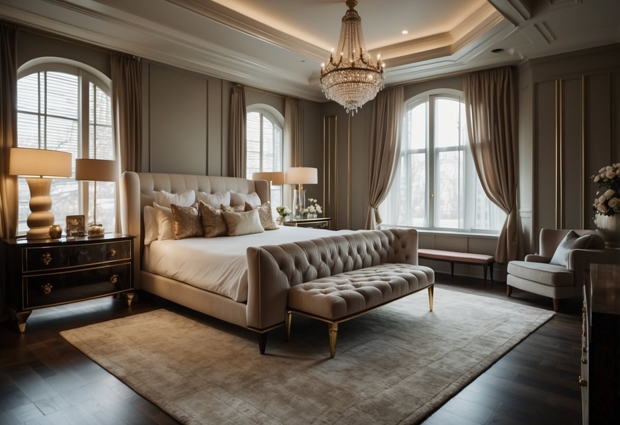 A spacious master bedroom with elegant and opulent furniture, including a grand canopy bed, plush seating area, and ornate dressers and nightstands