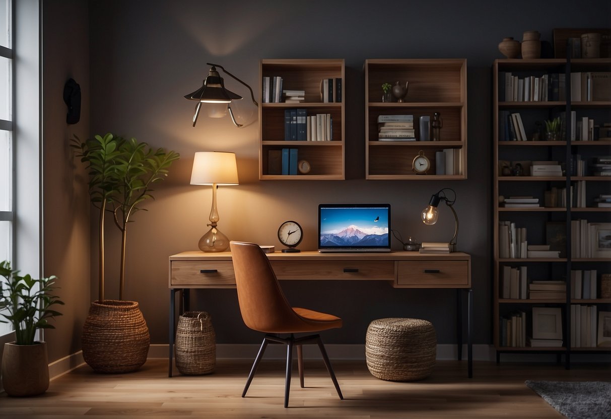 A desk with a lamp, chair, and bookshelf in a cozy study room