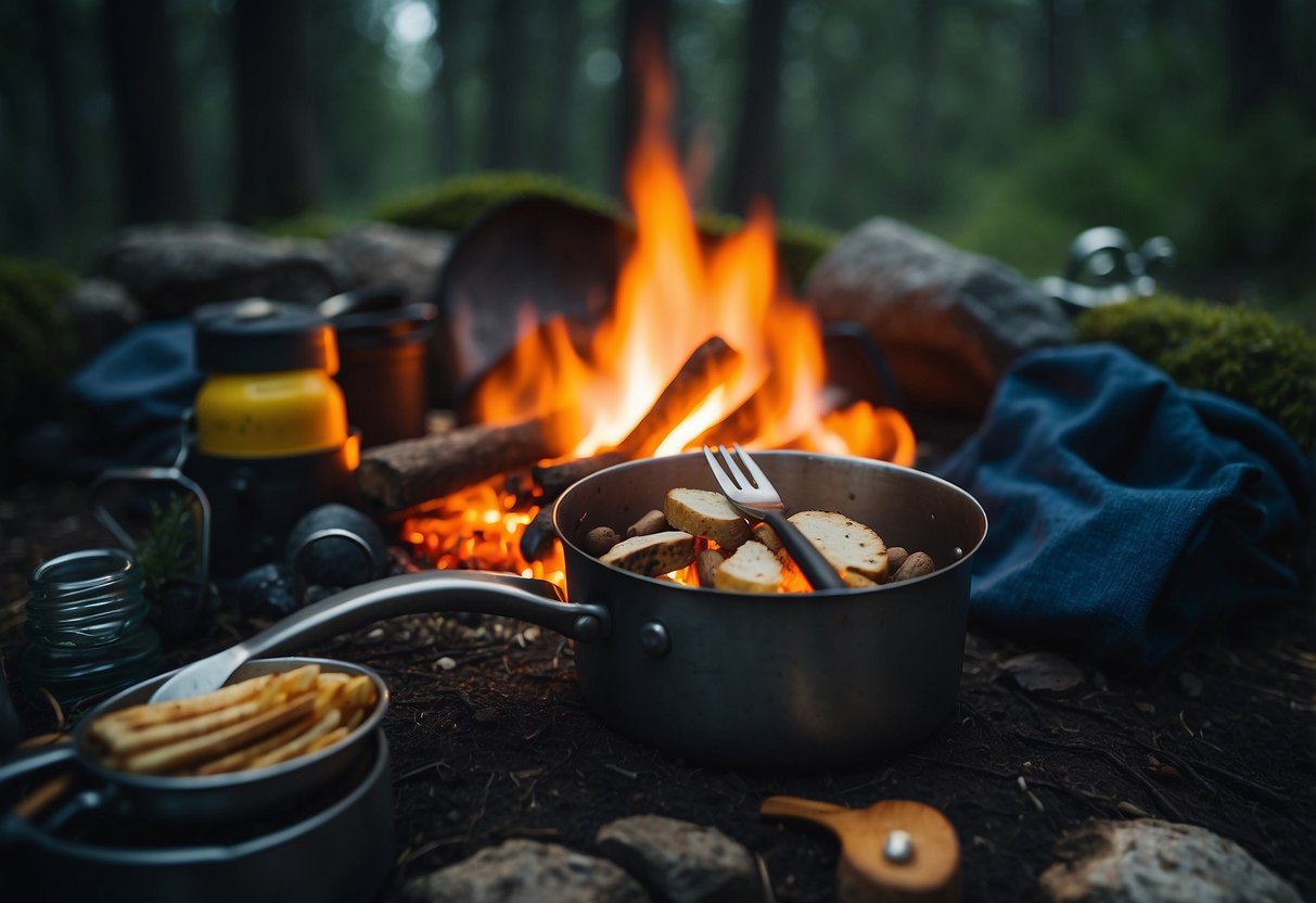 A campfire illuminates a spork nestled among camping utensils, creating a warm and inviting scene for a camping utensil set illustration