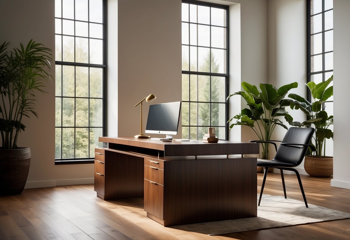 A sleek walnut veneer desk sits against a white wall, bathed in warm natural light, showcasing its rich, dark wood grain