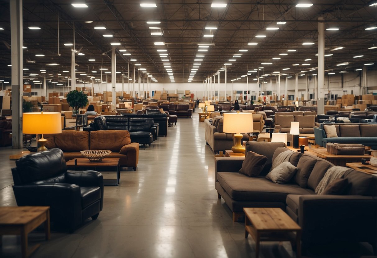 A crowded warehouse with rows of discounted furniture. Bright sale signs hang from the ceiling. Shoppers browse through sofas and tables
