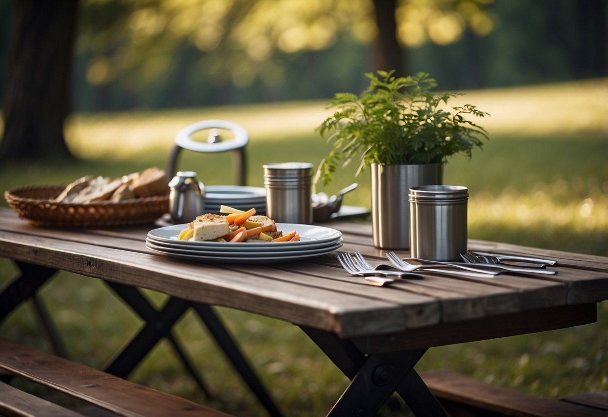 A campsite with a picnic table set for a meal, featuring a durable utensil set made of stainless steel, silicone, and nylon, alongside other camping gear