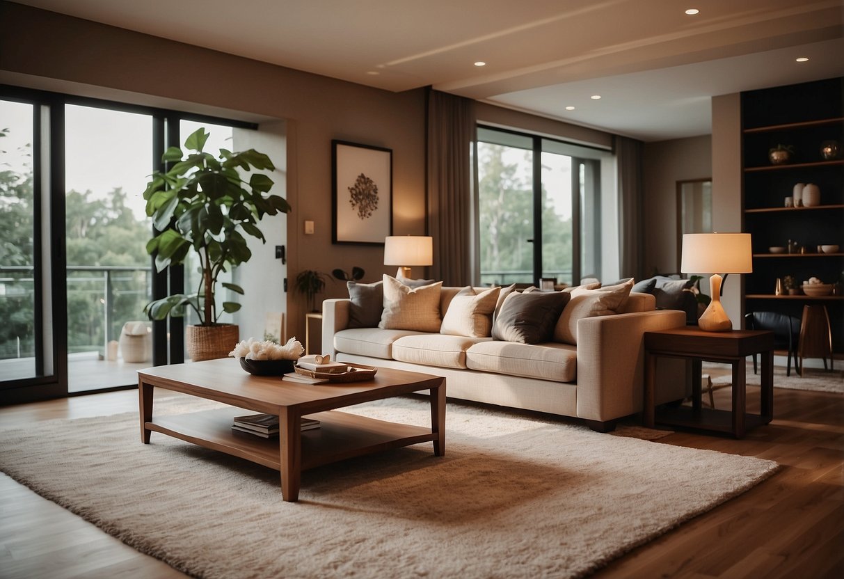 A cozy living room with walnut veneer furniture, soft lighting, and a plush rug