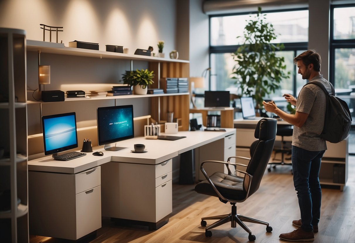 A person is choosing a desk and chair from a variety of study furniture options in a well-lit showroom