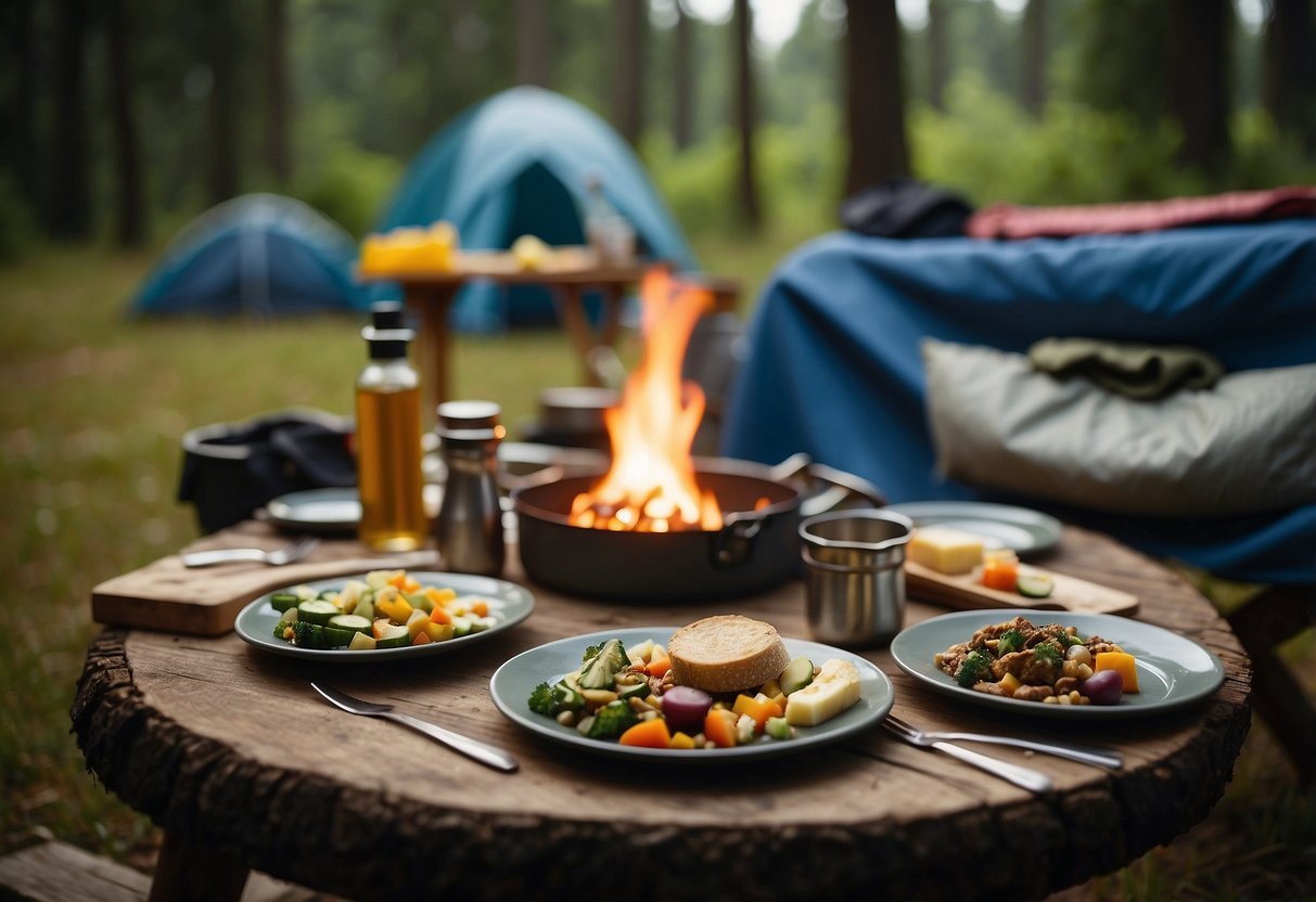 A campsite with a table set for a meal, featuring a variety of camping utensil sets arranged neatly and ready for use