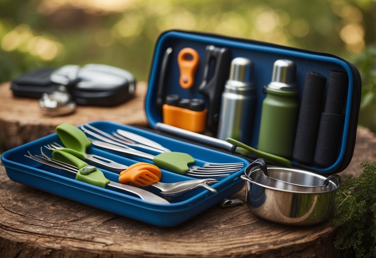 A campsite table with 5 neatly organized camping utensil sets, including forks, knives, spoons, and other tools, surrounded by a backdrop of a serene natural setting