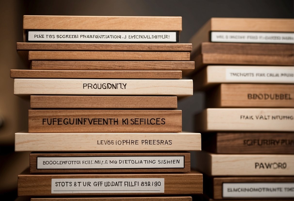 A stack of walnut veneer furniture pieces with a "Frequently Asked Questions" label prominently displayed