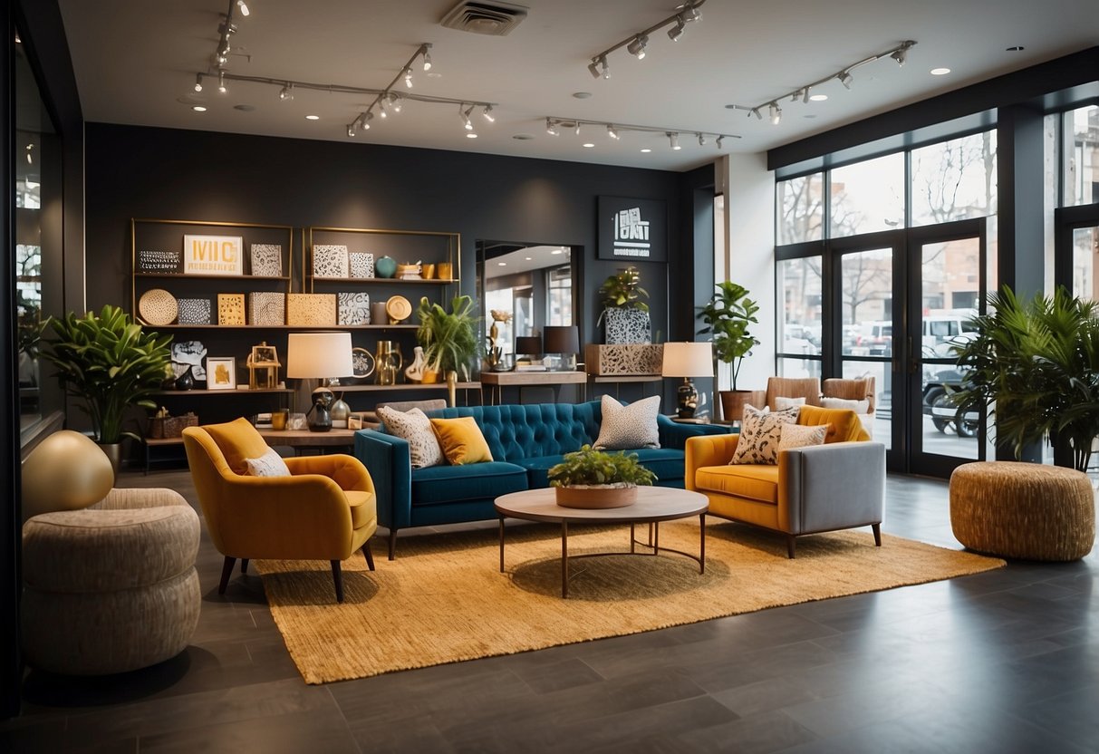 A bustling showroom with colorful furniture displays and a large "Frequently Asked Questions" sign at the entrance. Customers browsing and staff assisting