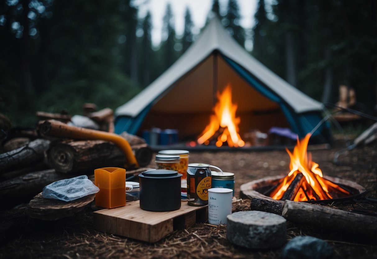 A campfire surrounded by various craft supplies such as paper, markers, glue, and scissors. A tent in the background with a cozy atmosphere