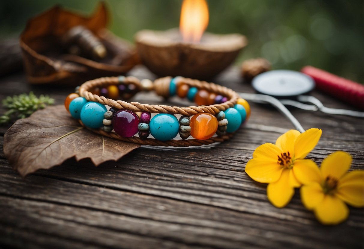 A group of colorful nature bracelets, made from twigs, leaves, and flowers, lay on a rustic wooden table surrounded by camping gear and a crackling fire