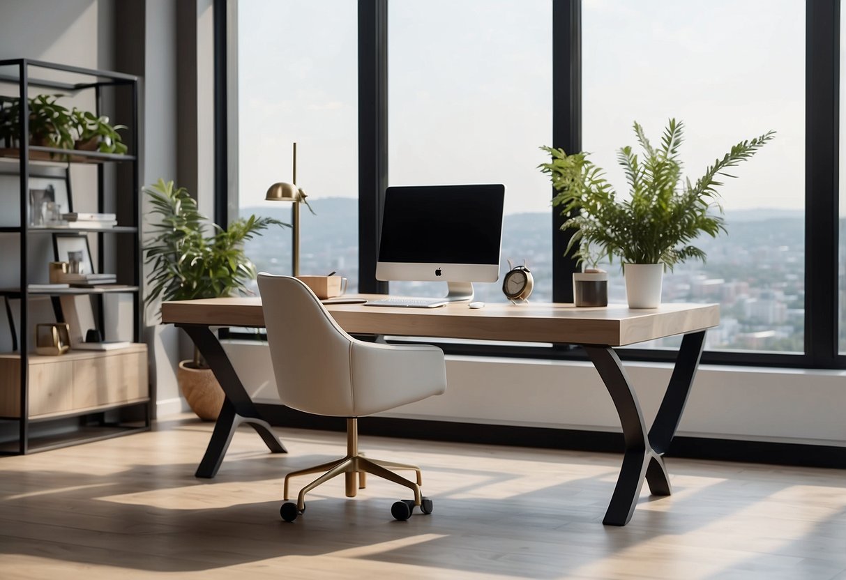 A sleek, modern desk with clean lines and a minimalist chair. The furniture is arranged in a well-lit room with large windows and a neutral color palette