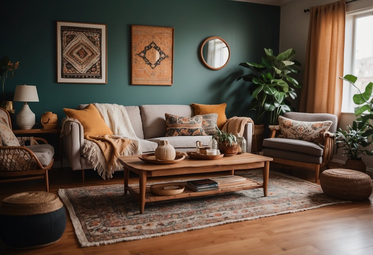 A cozy living room with eclectic Etsy furniture, including a vintage sofa, bohemian rugs, and handmade wooden coffee table