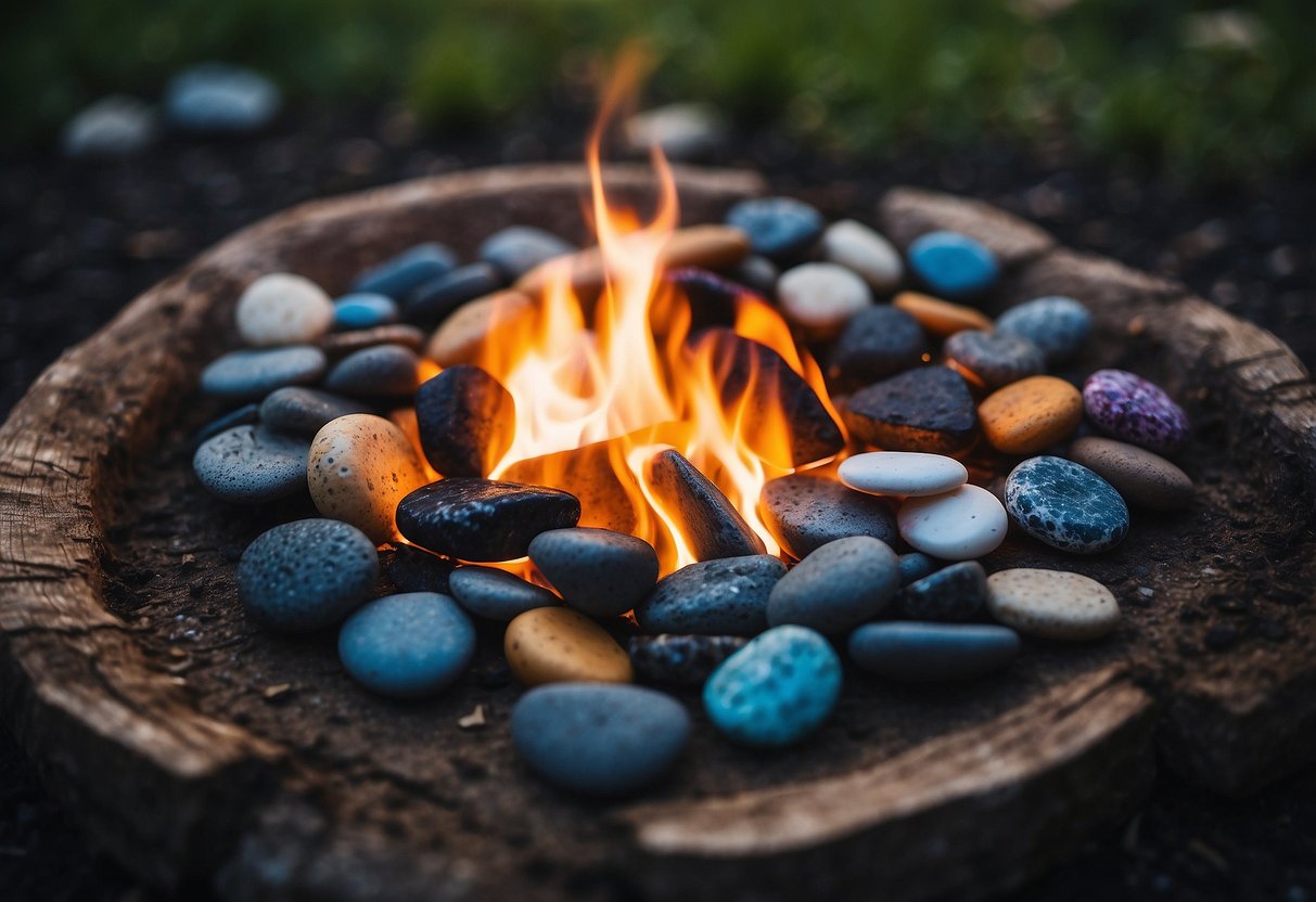 A circle of colorful stones surrounds a crackling campfire. Each stone is painted with a different camping-related image, like a tent, a marshmallow on a stick, or a starry night sky