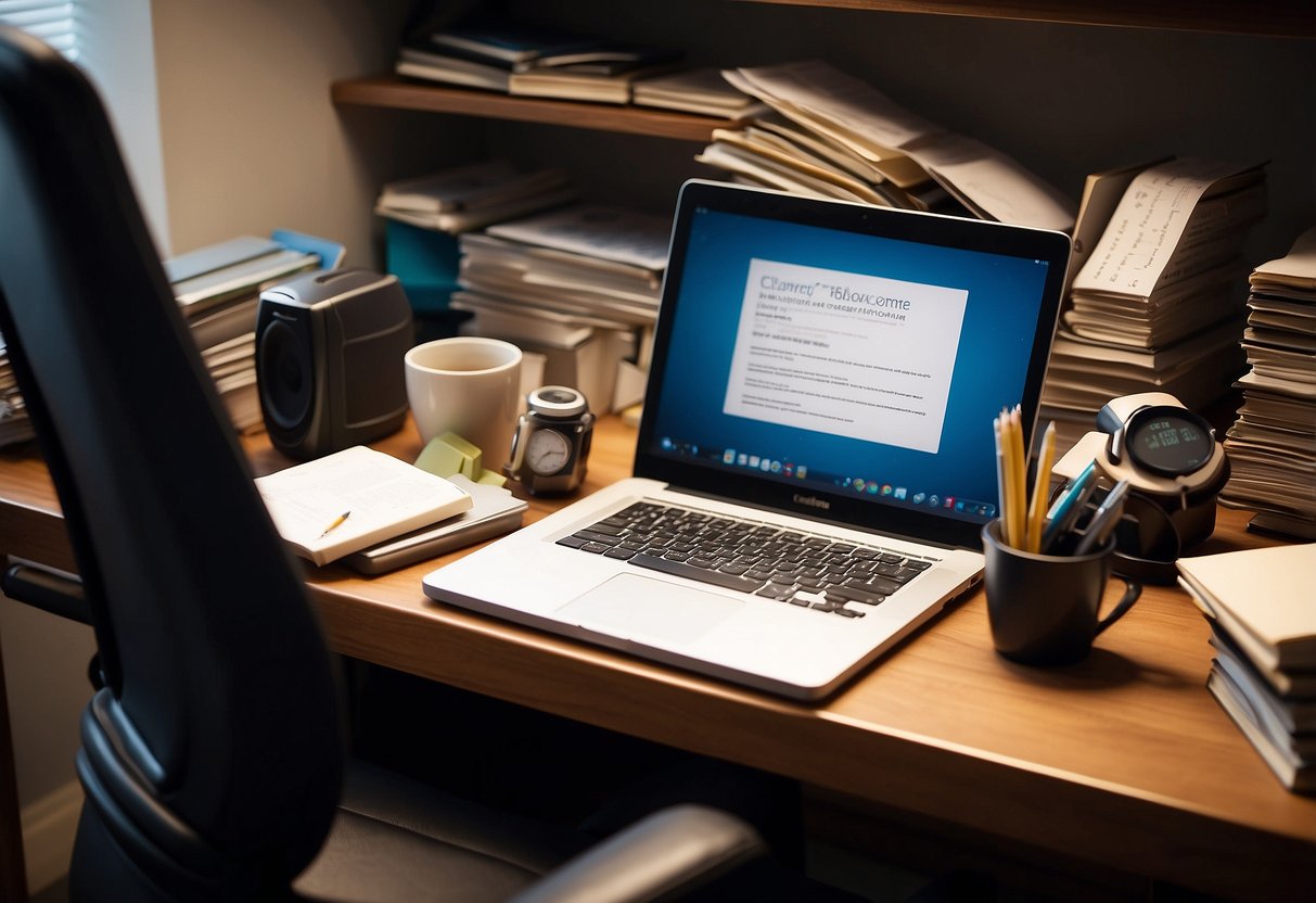 A cluttered desk with open books, a laptop, and scattered papers. A chair with a notepad and pen. Shelves with organized folders and office supplies