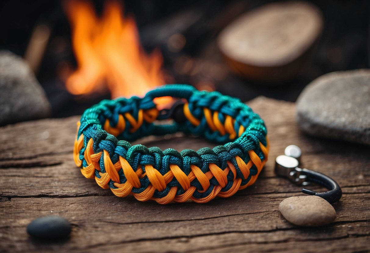 A campfire surrounded by various crafting materials, with a pile of colorful paracord and a set of instructions for making bracelets