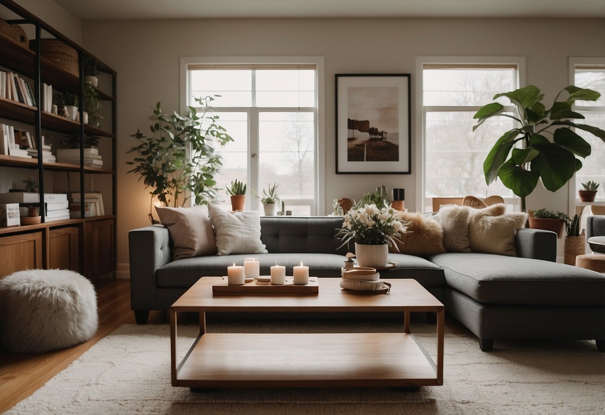 A cozy living room with a plush sofa, a stylish coffee table, and a variety of unique Etsy furniture pieces creating a warm and inviting atmosphere