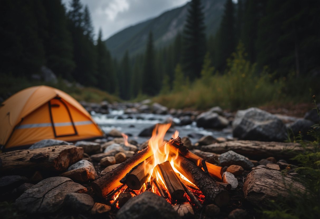 A campfire surrounded by colorful leaves, pinecones, and wildflowers. A tent in the background with a stream flowing nearby