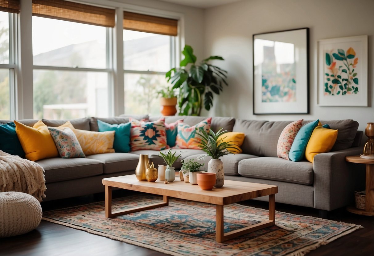 A cozy living room with a handmade wooden coffee table, a colorful patterned rug, and unique throw pillows on a comfortable couch. Various art prints and decorative items from Etsy are displayed on the walls and shelves