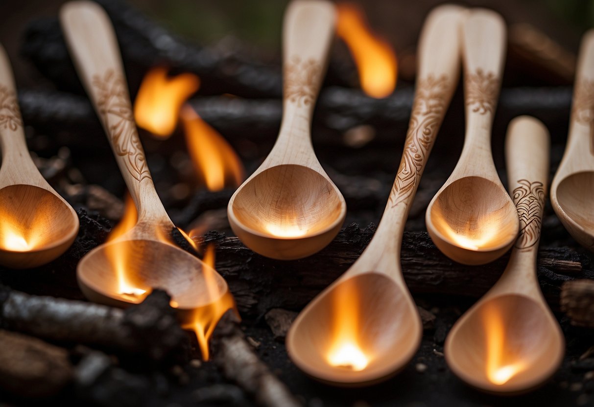 A campfire burns brightly, casting a warm glow on a collection of handcrafted wooden spoons. Each spoon is adorned with intricate wood-burned designs, adding a touch of rustic charm to the camping scene