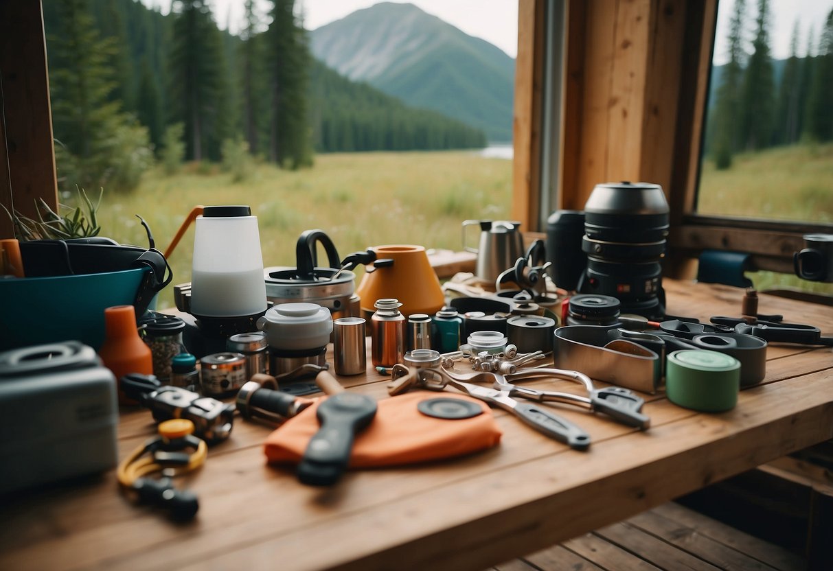 Crafting space with camping gear, colorful materials, and tools arranged on a table. Outdoor scenery visible through a nearby window