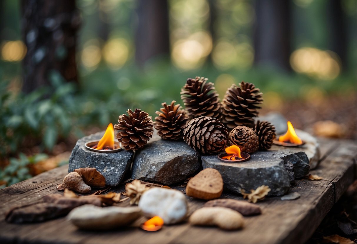 Various natural materials scattered on a picnic table: pinecones, twigs, leaves, and rocks. A small campfire in the background