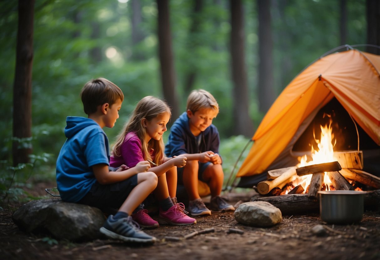 Kids sit around a campfire, making friendship bracelets and painting rocks. A table holds supplies for nature collages and leaf rubbings. A tent in the background suggests a camping setting