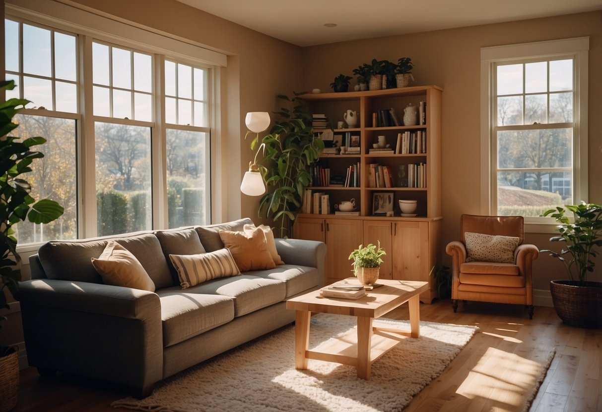 A cozy living room with a plush couch, coffee table, and bookshelf. Sunlight streams in through the window, casting a warm glow on the space