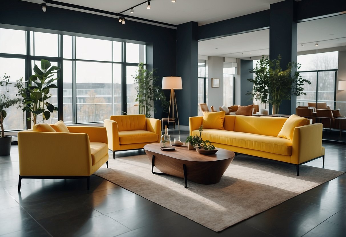 A spacious showroom with modern furniture displays and natural lighting. Bright colors and clean lines define the Weltmeister Furniture aesthetic
