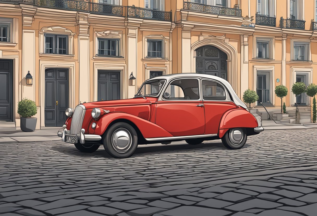 A red car with the license plate "kennzeichen mq" parked on a cobblestone street in front of a historic building