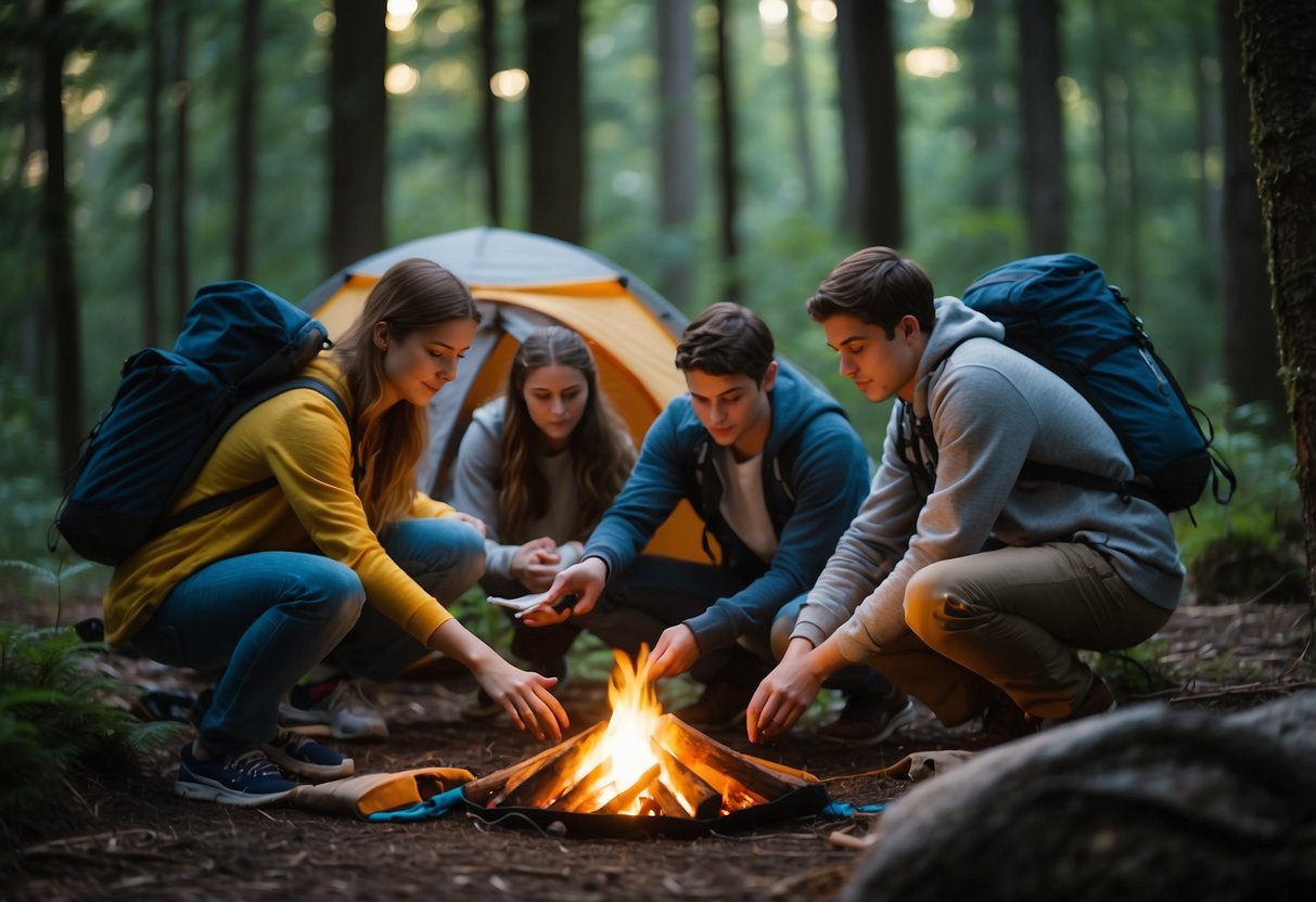 Teens setting up a tent in a forest clearing, surrounded by backpacks, a campfire, and a cooler. A map and flashlight lay nearby