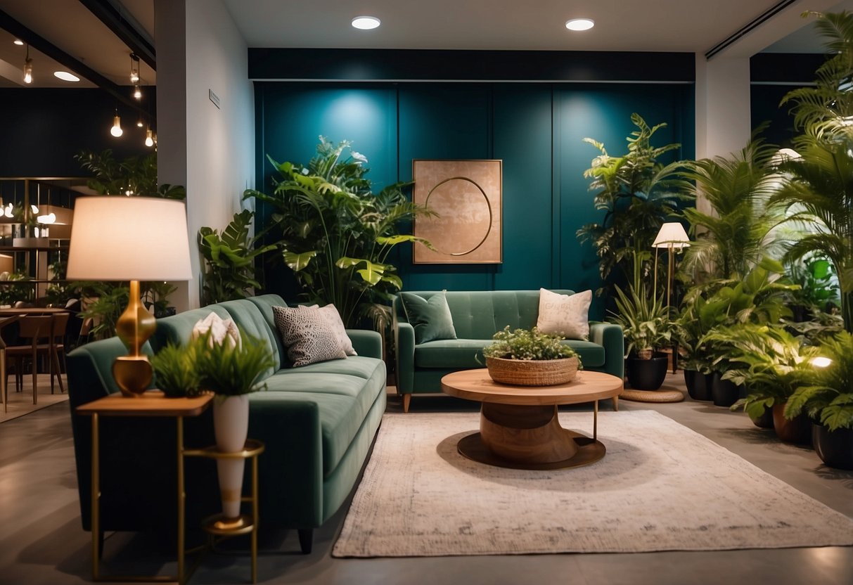 A cozy showroom with elegant furniture, soft lighting, and vibrant greenery, creating a welcoming and luxurious atmosphere