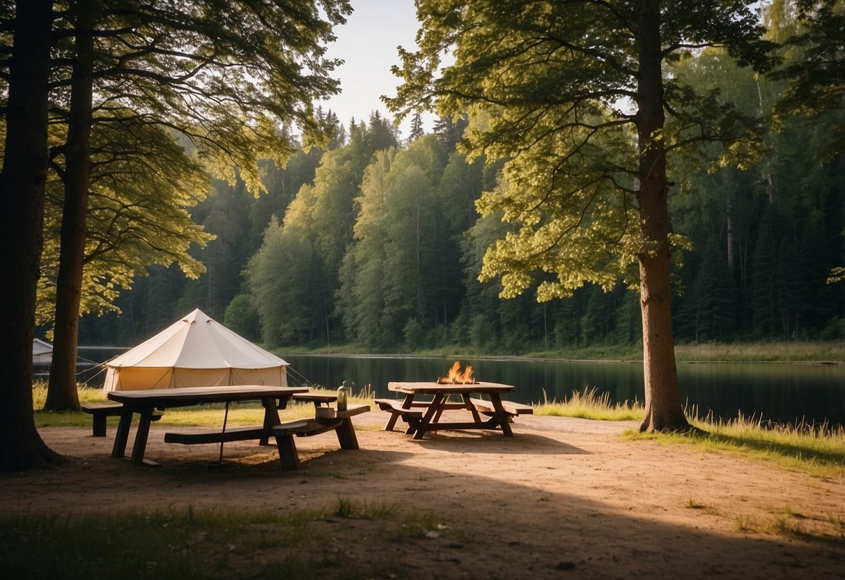 A spacious campsite with a flat, level ground surrounded by trees. A fire pit and picnic table are centrally located, with plenty of space for pitching tents. Nearby, a calm river or lake offers opportunities for swimming and fishing